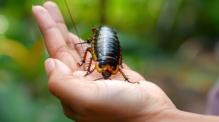 Hand holding a Madagascar hissing cockroach outdoors. Gentle interaction with nature. Concept of exotic pets, entomology, wildlife handling, outdoor learning, and insect education. - obrazy, fototapety, plakaty