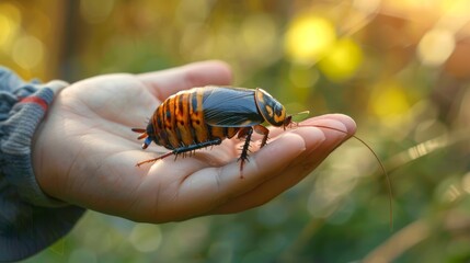 Hand holding a Madagascar hissing cockroach outdoors. Gentle interaction with nature. Concept of exotic pets, entomology, wildlife handling, and insect education. - obrazy, fototapety, plakaty