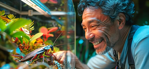 Cockroach enthusiast observing his pet in a terrarium. A joyful man engaged with an exotic insect. Concept of unusual hobbies, pet insects, and entomology passion. - obrazy, fototapety, plakaty