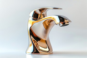 Elegant golden water tap with a contemporary finish on a white background. Designer water spout. Concept of faucet, modern plumbing, kitchen design, elegant fixtures, and streamlined form. - obrazy, fototapety, plakaty