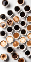 Different types of coffee in cups on white table, top view Generative AI - 770067397
