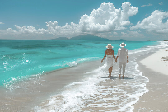 couple wearing hats, holding hands, walking on the beach, on a very beautiful day