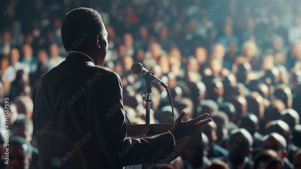 Wall mural speaker at a podium addressing a multicultural audience. african american orator delivering a lectur