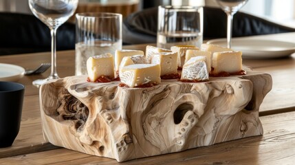  A wooden cheese block rests atop a wooden table, alongside wine glasses and a glass of wine