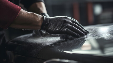 mechanic hands wearing black gloves, giving thick foam wash with - obrazy, fototapety, plakaty