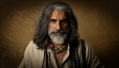 Fototapeta premium Timeless Elegance: Old Man Displays Long Hair and Beard