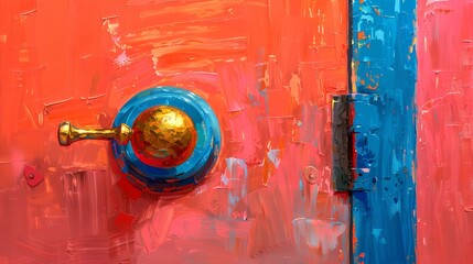 A vibrant, abstract painting of a colorful door knob set against a contrasting door color, emphasizing the artistry in everyday objects. Artistic door handle. Oil painting style. - obrazy, fototapety, plakaty
