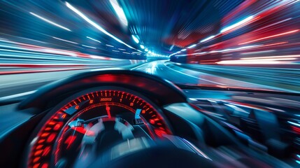 A car's speedometer displays high speed while driving on a racetrack. Motion blur effect captures the car's fast movement. - obrazy, fototapety, plakaty