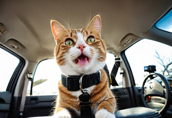 Cat in car with safety belt. Safe transport of animals - 770067564
