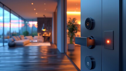 Smart door knob with digital keypad and biometric access. Door handle. Secure, contemporary door with advanced technology. Concept of home security, smart living, and access control.
