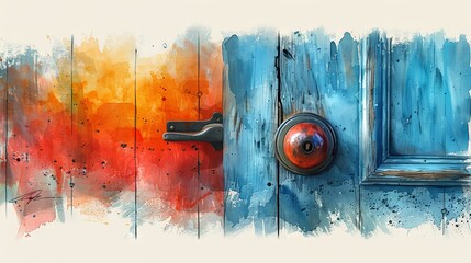 Artistic Watercolor illustration of door knob on bright door. Door handle. Concept of home entrance, warmth, cozy ambiance, welcoming spaces, and hospitable areas. Watercolor splash. Aquarelle - obrazy, fototapety, plakaty