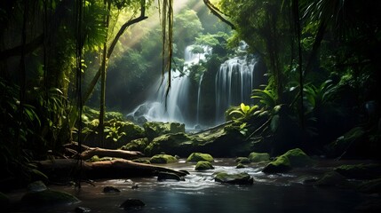 Beautiful waterfall in tropical rainforest. Panoramic view.