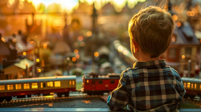 Young boy enthralled by model trains at sunset