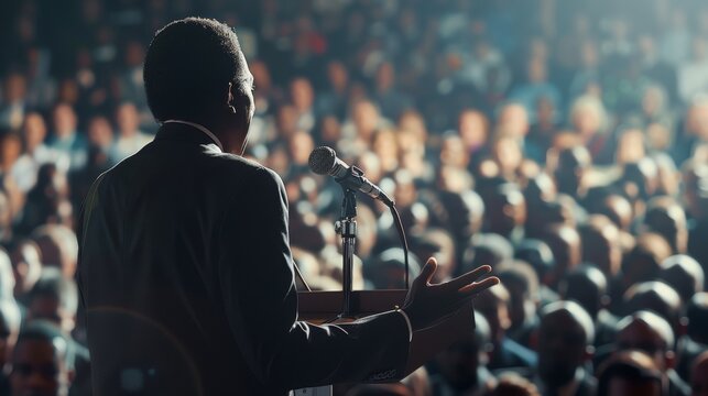 Speaker at a podium addressing a multicultural audience. African American orator delivering a lecture. Concept of presentation, communication, seminar, and multiculturalism. Copy space
