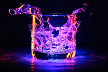 A glass of water with purple and orange streaks in it. The water is splashing out of the glass, creating a dynamic and energetic scene. The colors of the water - Powered by Adobe