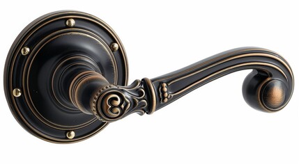 Classic engraved doorknob in bronze finish. Detailed door handle with ornate design. Isolated on white background. Concept of traditional elegance, decorative art, and enduring design.