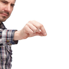 a hand on a white background, shows a gesture of something small or miniature isolate