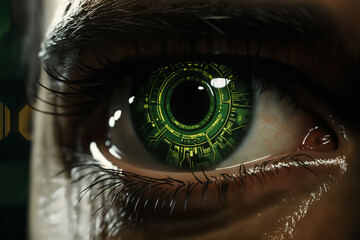 human eye with an implant in the form of a computer digital board, concept of enhanced reality and digital eyesight of the future, information processing, artificial intelligence - 770067937