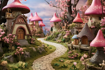 Enchanting Forest Gnome Village: A Whimsical Harmony of Mushroom Homes, Cobblestone Paths, and Cherry Blossoms - obrazy, fototapety, plakaty