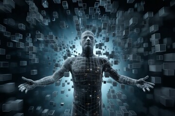 a human figure made of squares and cubes, standing in front of a digital background with abstract particles in space, cybernetics, computer rendering - 770067974