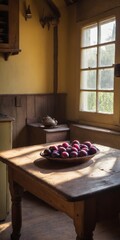 Cozy rustic kitchen interior with plum fruits on old wooden table. - 770067991