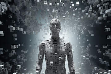 a human figure made of squares and cubes, standing in front of a digital background with abstract particles in space, cybernetics, computer rendering - 770068113