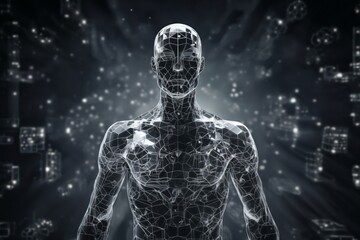 a human figure made of squares and cubes, standing in front of a digital background with abstract particles in space, cybernetics, computer rendering - 770068119
