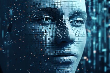 woman's face with 3D cubes and particles in space as symbol of augmented reality and computer technologies of future, close-up portrait, concept of cybernetics, biomechanics and robotics - 770068125