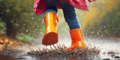 Child wearing rain boots jumping into puddle. - 770068142