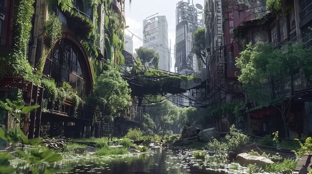 A post-apocalyptic cityscape reclaimed by nature, where overgrown, cybernetically-enhanced flora and fauna thrive among the decaying remnants of technology