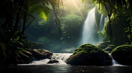 Panoramic view of waterfall in deep tropical rainforest. Nature background