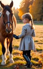 Cute little girl with her horse on nature meadow. Generative AI - 770068373
