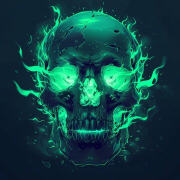 Skull on a dark background, in the style of green, flames from the eyes, burning eyes, skull logo