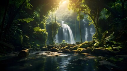 Panoramic view of waterfall in tropical rainforest. Panoramic view of waterfall in jungle. - obrazy, fototapety, plakaty