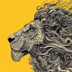Graphical portrait of lion on yellow background, doodle iilustration generated with AI.Tattoo design