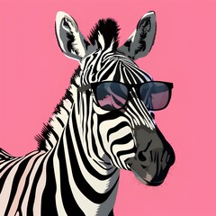 Portrait of zebra in sunglasses on pink background, pop art.Illustration generated with AI - obrazy, fototapety, plakaty