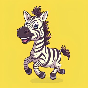 Graphical zebra running on yellow background, cartoon illustration generated with AI