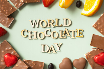 World chocolate day text with chocolate flat lay, top view on pastel green background