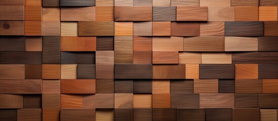 A close up of a brown rectangular wooden wall made of wooden blocks resembling brick. The hardwood wall has a wood stain and is similar to flooring or shelving materials with various tints and shades