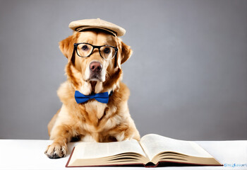 Funny dog retriever reading book. Cute pet read. Learning in dogs - 770069382