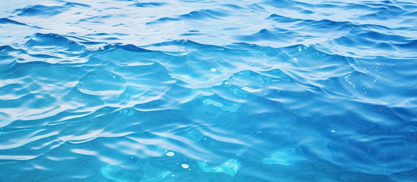 A closeup shot of the electric blue water surface with wind waves creating a mesmerizing pattern. The fluid aqua solvent reflects the beauty of the ocean waves