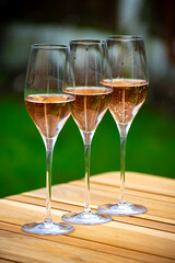 Obraz premium Picnic on green grass with glasses of rose champagne sparkling wine or cava, cremant produced by traditional method in caves in Champagne region, France
