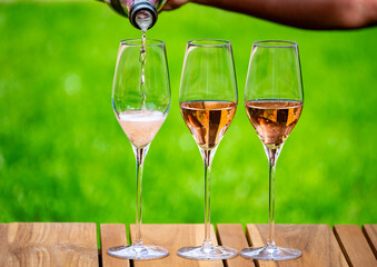 Picnic on green grass with glasses of rose champagne sparkling wine or cava, cremant produced by...