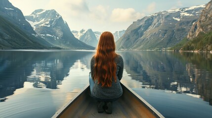  A woman with long, red hair is seated in a boat, gazing out over a tranquil lake with towering mountains in the backdrop