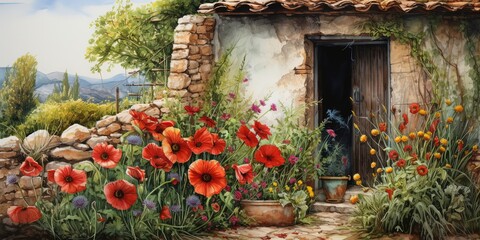  watercolor painting style artful illustration, beautiful red poppy flowerbed with vintage house , spring home gardening , Generative Ai - obrazy, fototapety, plakaty