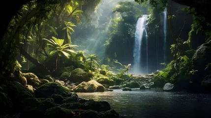 Stof per meter Panoramic view of a waterfall in a tropical rainforest. © Iman