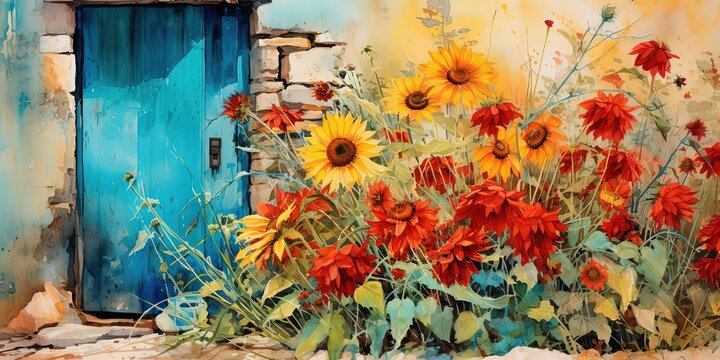  watercolor painting style artful illustration, beautiful sunflower pot with vintage wooden door, spring home gardening , Generative Ai