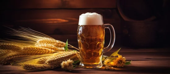 Foto op Plexiglas Beer in a glass beside grains of wheat arranged on a rustic wooden table, creating a countryside ambiance © TheWaterMeloonProjec