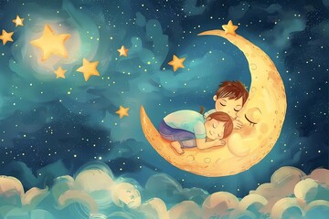 Obraz na płótnie Canvas boy and girl sleeping on the moon, fairytale illustration