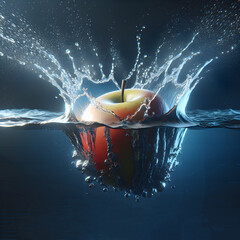Apple splash on the dark blue background . Apple fall in the water with splashes in the form a crown